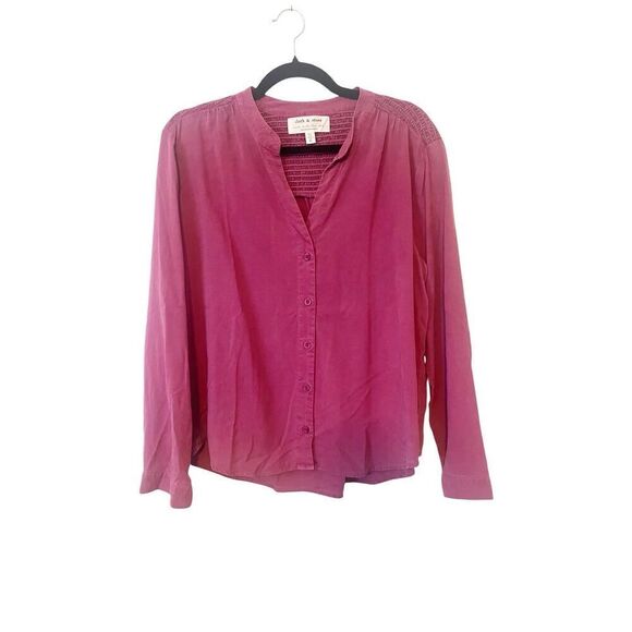 Anthropologie Cloth & Stone Smocked Raspberry Button Down Top Petite Large - Picture 1 of 5